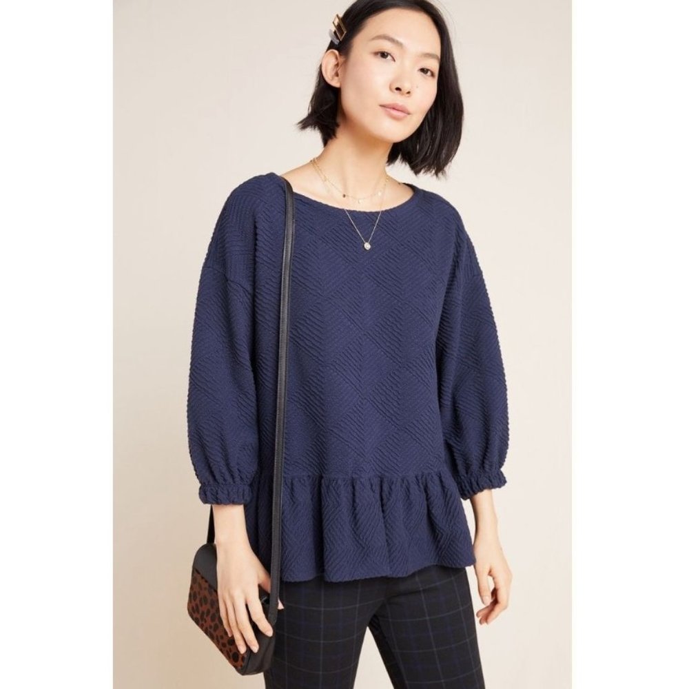 Anthropologie Maeve Mikayla Peplum Blouse Navy Blue Color Sz XL